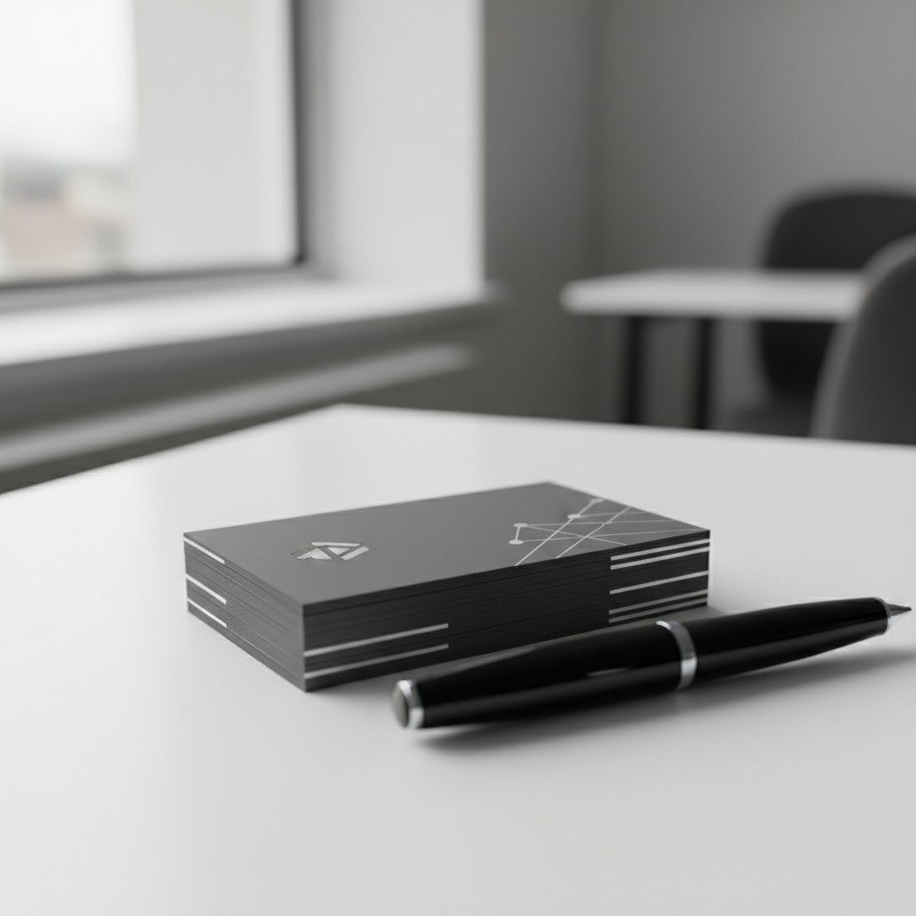 A clean office scene is subtitled, "3D Rendering of a Desk with Black Business Cards and Pen."
