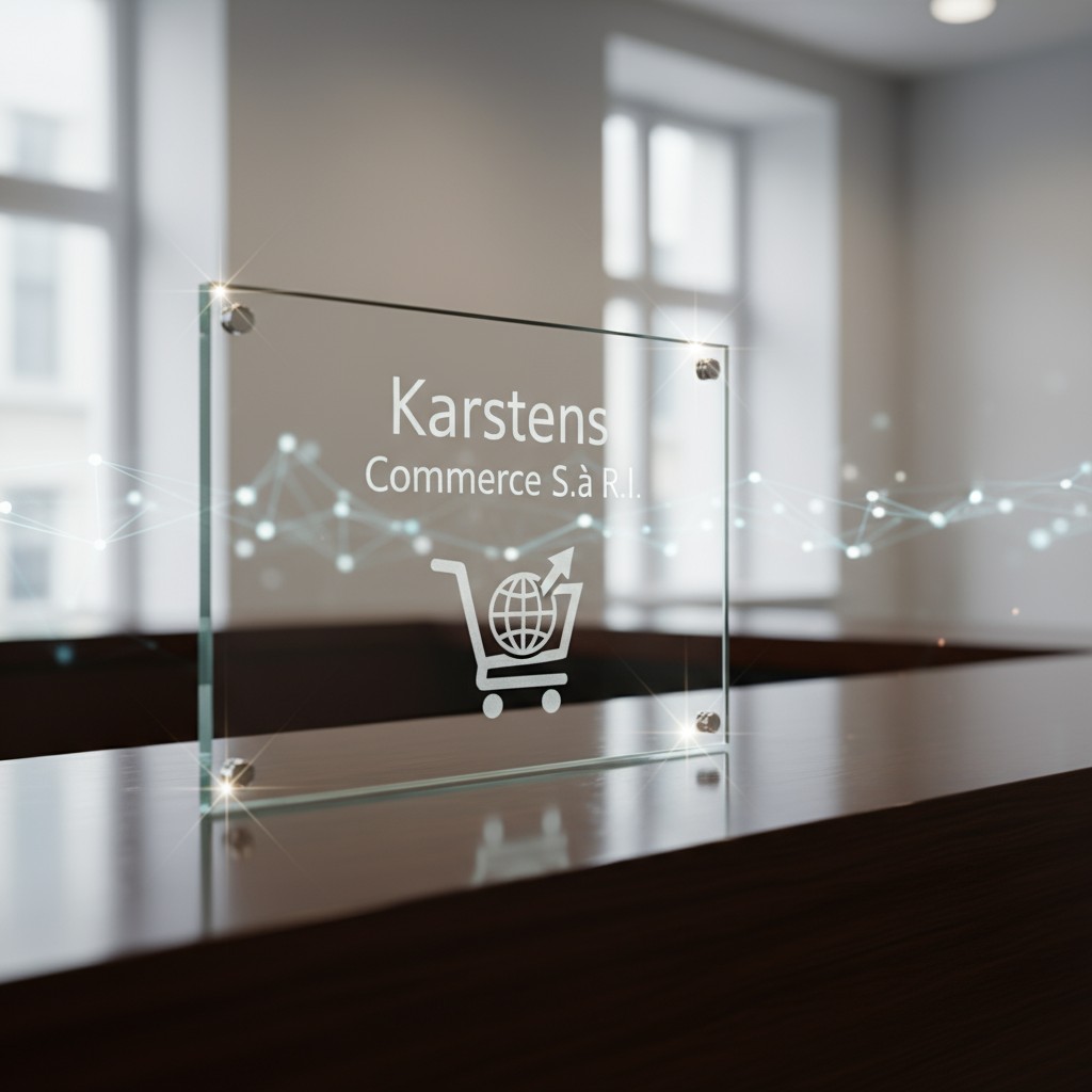Karstens Commerce S.à r.l. logo in an office space featuring a glass plaque with a stylized global cart logo.
